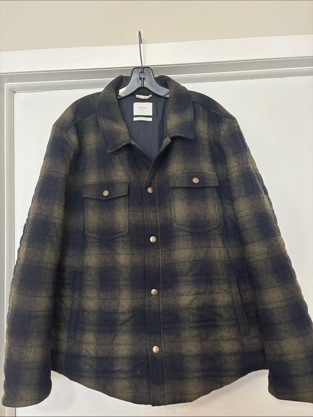 Billy Reid Olive and Navy Plaid Snap-Front Jacket